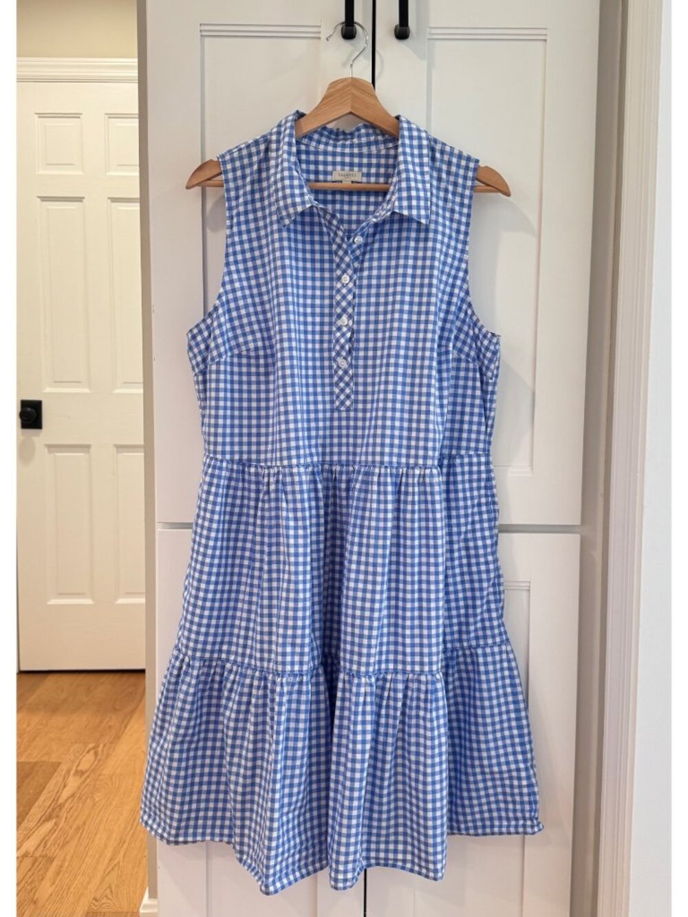 Talbots Tiered Gingham Print Blue White Sleeveless Cotton Dress Size Large